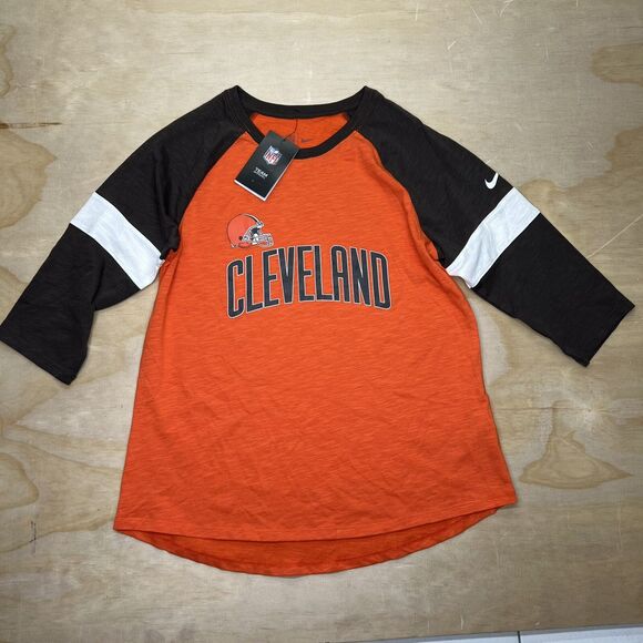 NEW LG WOMENS Cleveland Browns Nike Football Pride Slub 3/4 Raglan Sleeve Shirt - Picture 1 of 12